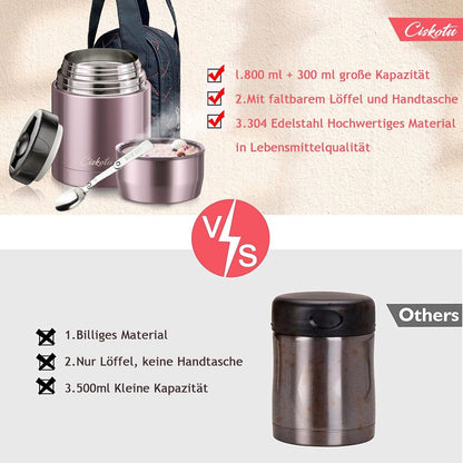 Thermobehälter 800ml Warmhaltebox Speisen Faltbarem Löffel 9h heiß 14h