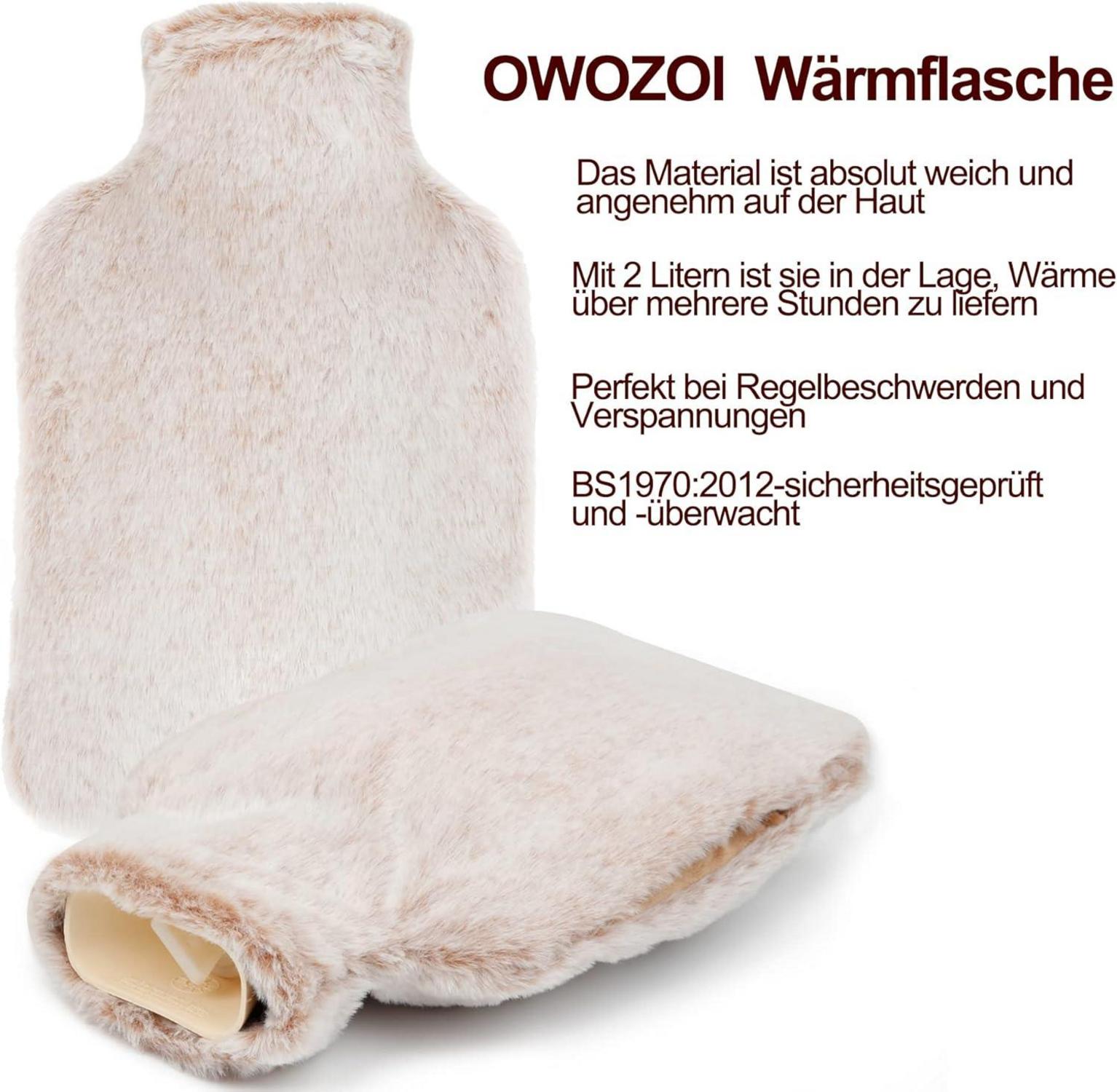Wärmflasche 2L mit Fellbezug, Kängurutasche - 100% Naturkautschuk, langlebig