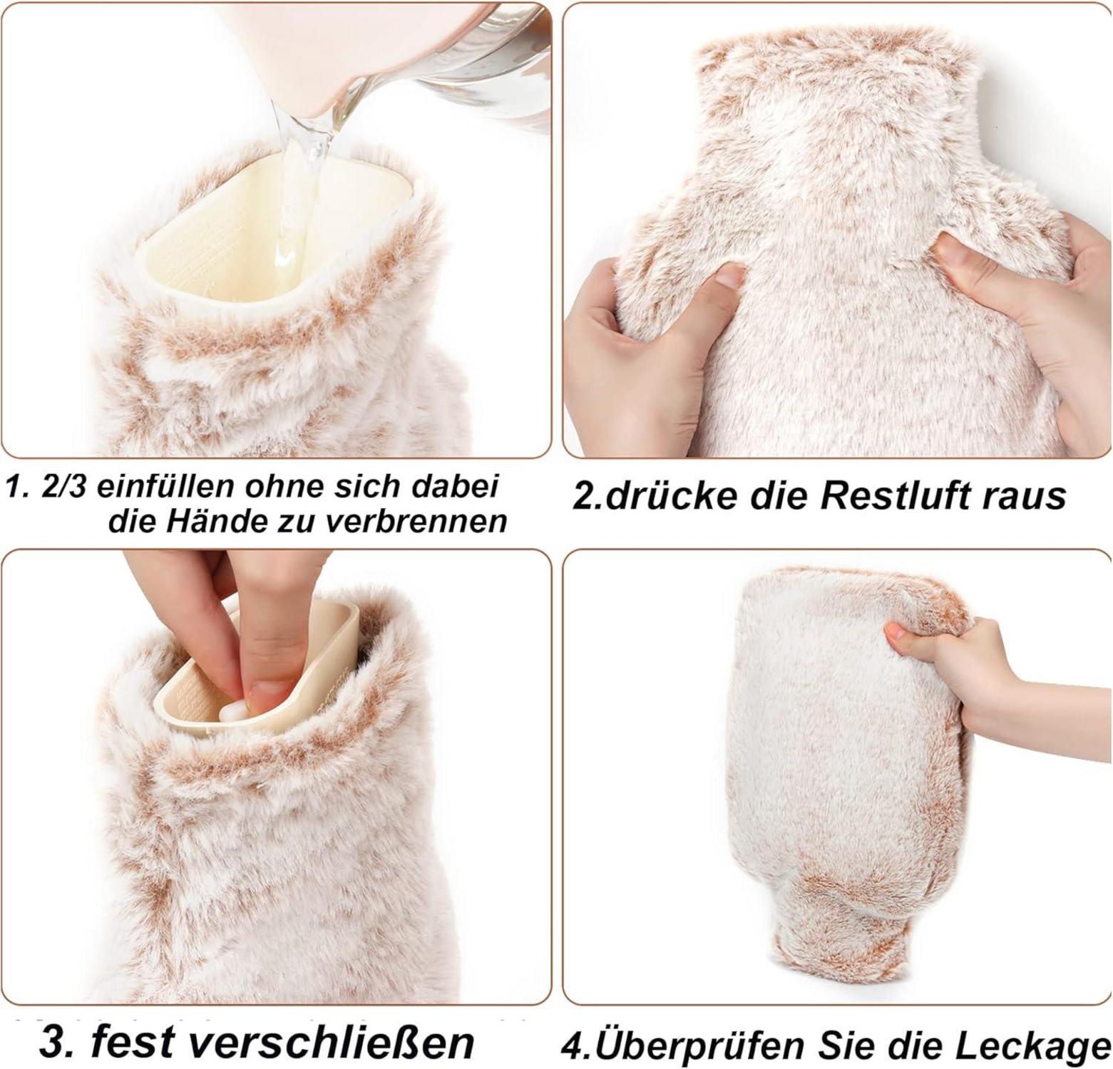 Wärmflasche 2L mit Fellbezug, Kängurutasche - 100% Naturkautschuk, langlebig