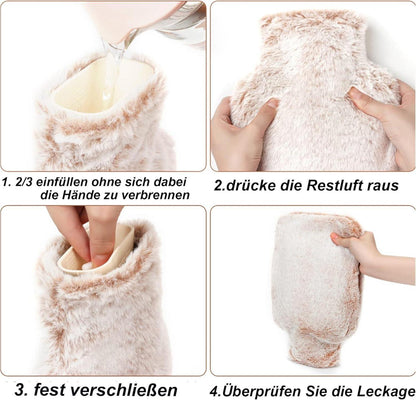 Wärmflasche 2L mit Fellbezug, Kängurutasche - 100% Naturkautschuk, langlebig