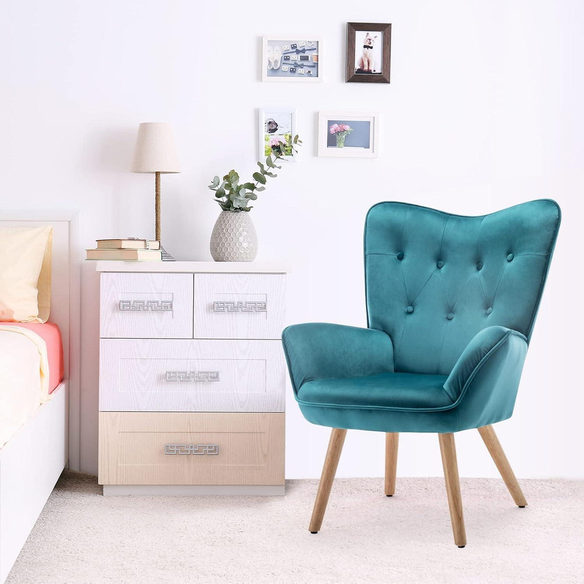 Ohrensessel mit Hocker – Samt Relaxsessel Pfauengrün