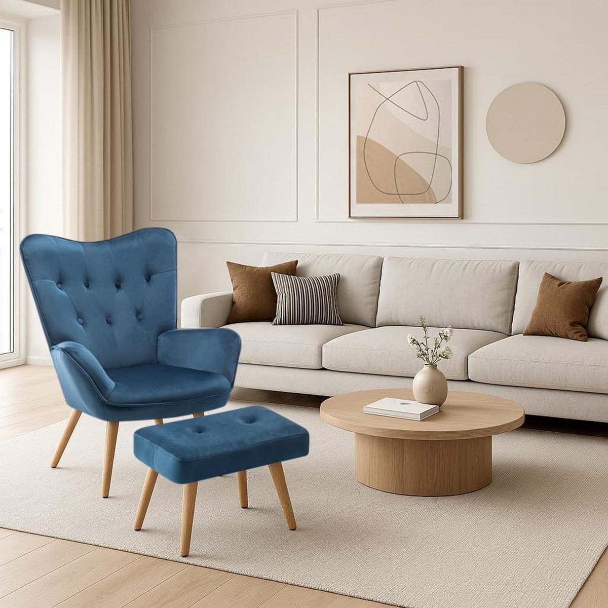 Ohrensessel mit Hocker, Blau – Samt Relaxsessel für Wohnzimmer