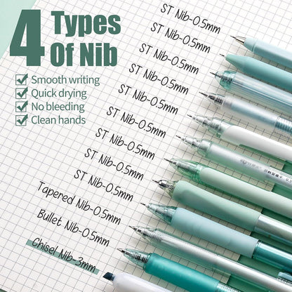 12er-Pack Gelstifte & Textmarker Set für Schule & Büro - Aesthetic Gel Pens - Grüner Schaft