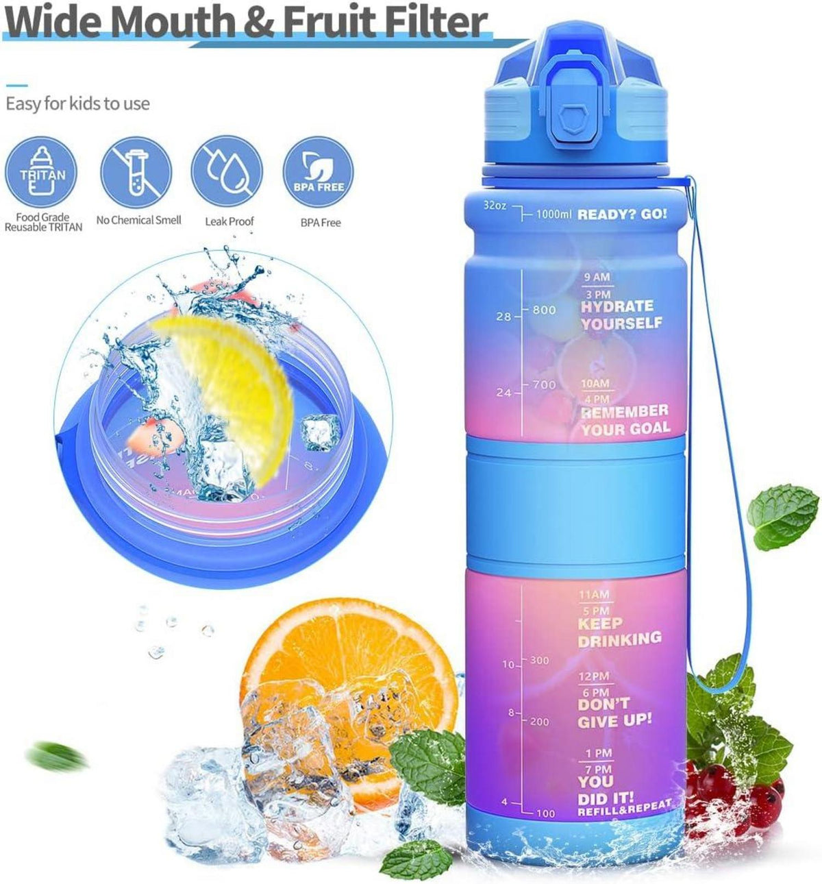 500ml Kinder Trinkflasche Auslaufsicher BPA Frei mit Zeitmarkierung