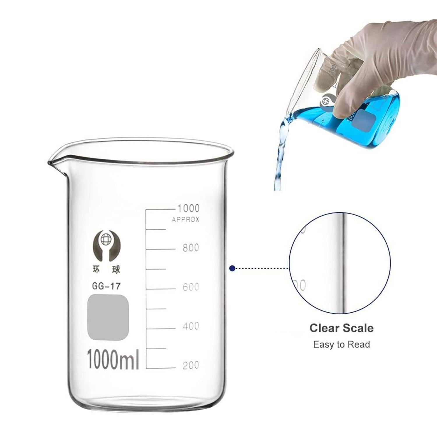 Borosilikatglas Bechergläser Set 5 Stück Graduiert 1000ml 500ml 250ml 100ml 50ml mit Ausguss 2 Waschbürste