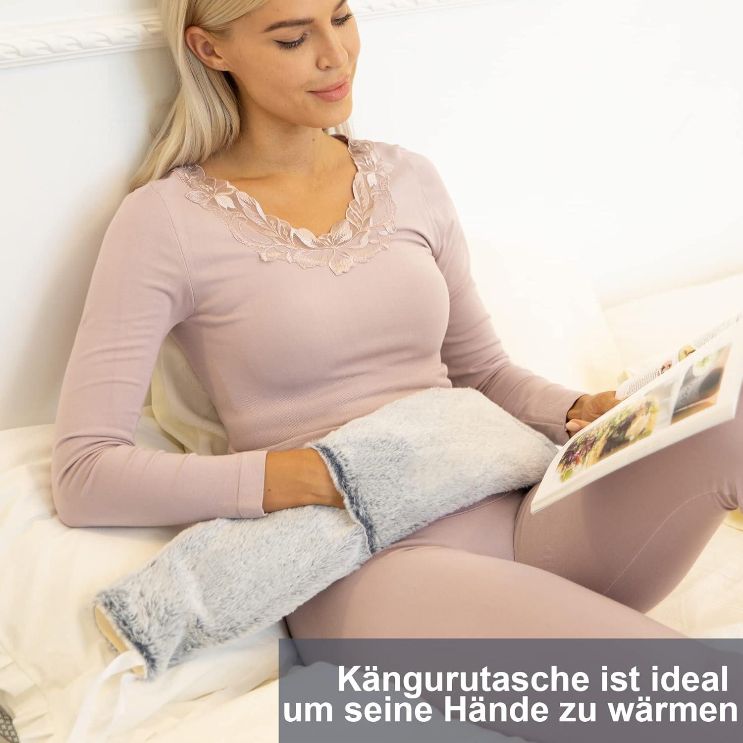 OWOZOI Wärmflasche mit Kängurutaschen und Bezug - 2 Liter, 72cm lang & flauschig, Dunkelblau