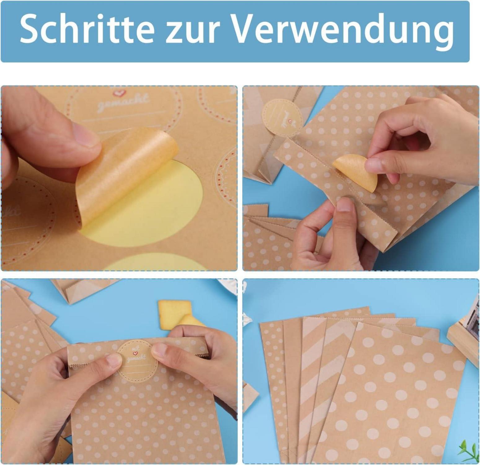 30 Kraftpapiertüten Braun 24x13x8cm mit Aufkleber, für Geschenke, Party, Weihnachten