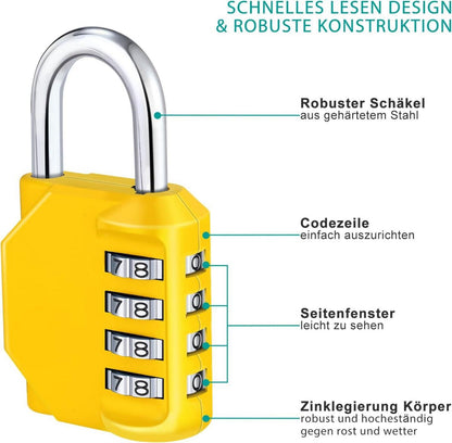 Zahlenschloss Vorhängeschloss wetterfest für Fitnessstudio Gelb