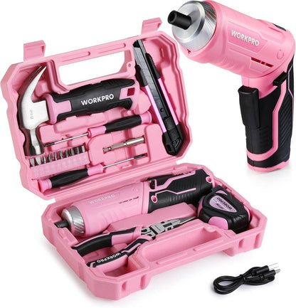WORKPRO 18tlg. Werkzeugset mit USB C Akkuschrauber - Rosa Pink