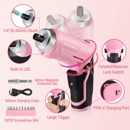 WORKPRO Werkzeugset Rosa pink 18 tlg. USB C Akkuschrauber