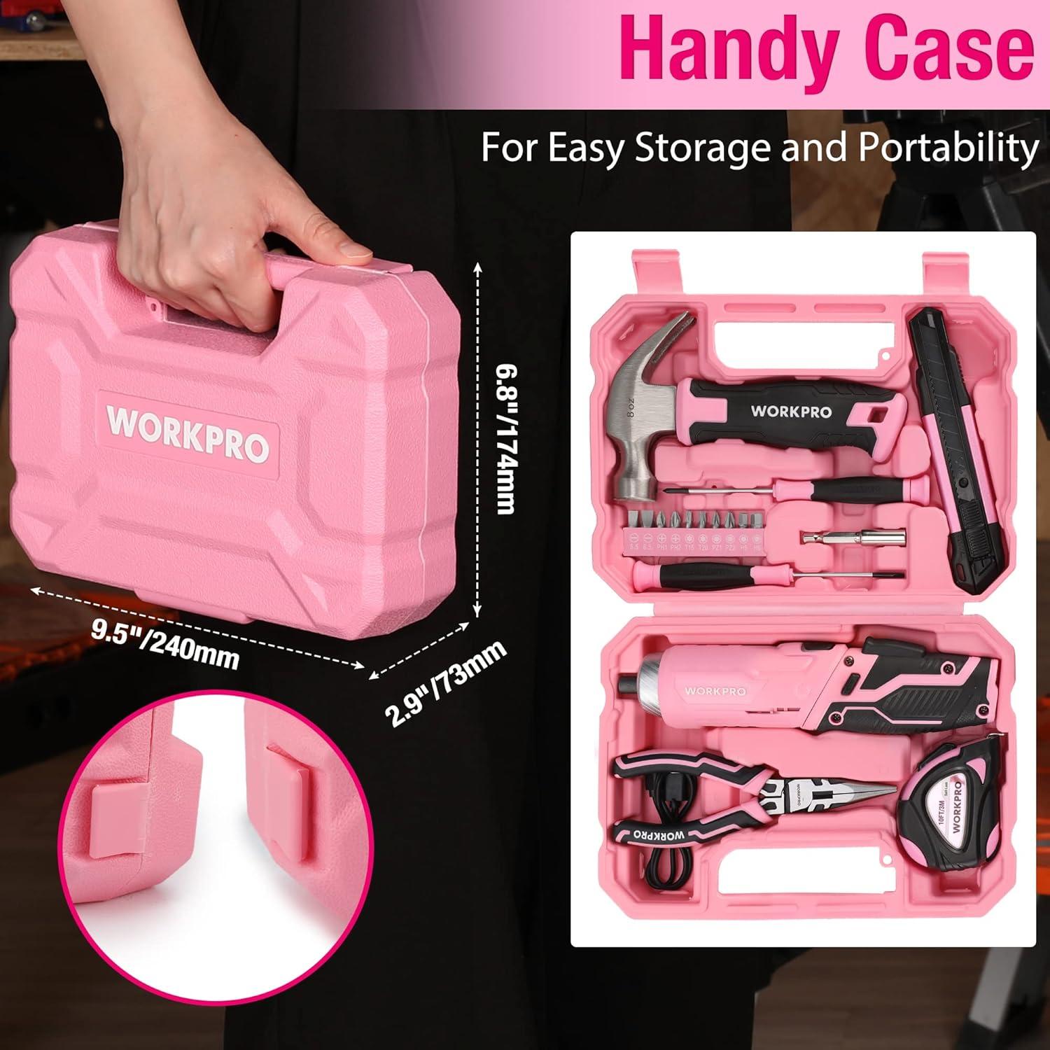 WORKPRO Werkzeugset Rosa pink 18-tlg. USB C Akkuschrauber klein magnetischer Bits Koffer DIY Haushalt Kinder Bastelei