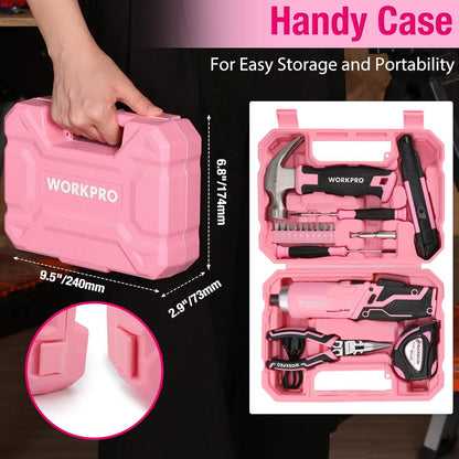 WORKPRO Werkzeugset Rosa pink 18-tlg. USB C Akkuschrauber klein magnetischer Bits Koffer DIY Haushalt Kinder Bastelei