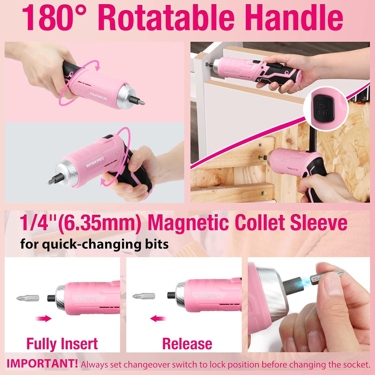 WORKPRO Werkzeugset Rosa pink 18 tlg. USB C Akkuschrauber pinker Werkzeugkoffer