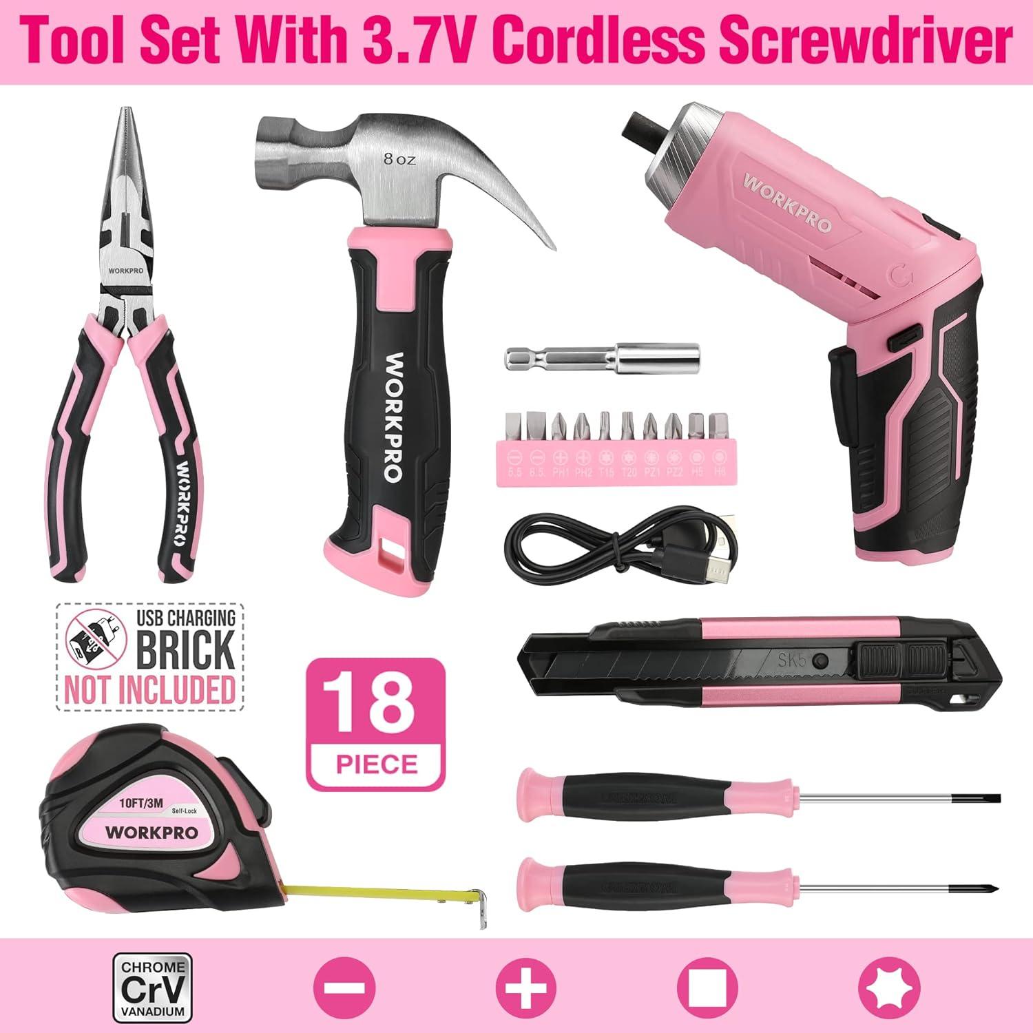 WORKPRO Werkzeugset Rosa pink 18-tlg. USB C Akkuschrauber klein magnetischer Bits Koffer DIY Haushalt Kinder Bastelei