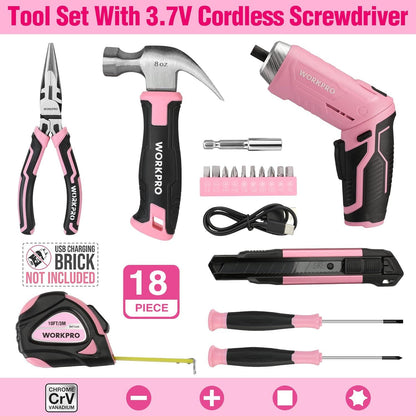 WORKPRO Werkzeugset Rosa pink 18-tlg. USB C Akkuschrauber klein magnetischer Bits Koffer DIY Haushalt Kinder Bastelei