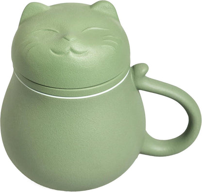 Keramik-Teetasse mit Katzen-Design und Teesieb, 383 ml, grün