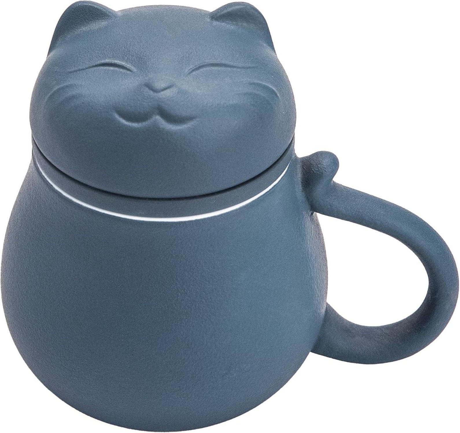 Keramik Teetasse mit Katzendesign, Teesieb und Deckel, 13.5oz, Blau