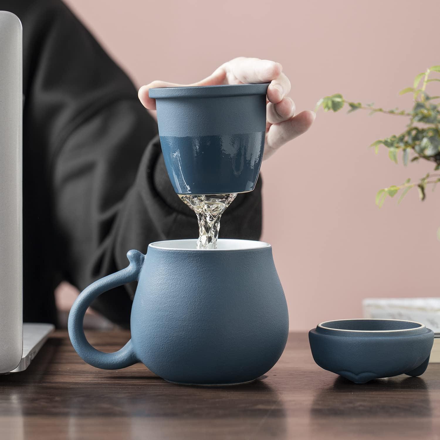 Katzen Teetasse mit Teesieb und Deckel 13.5oz Blau