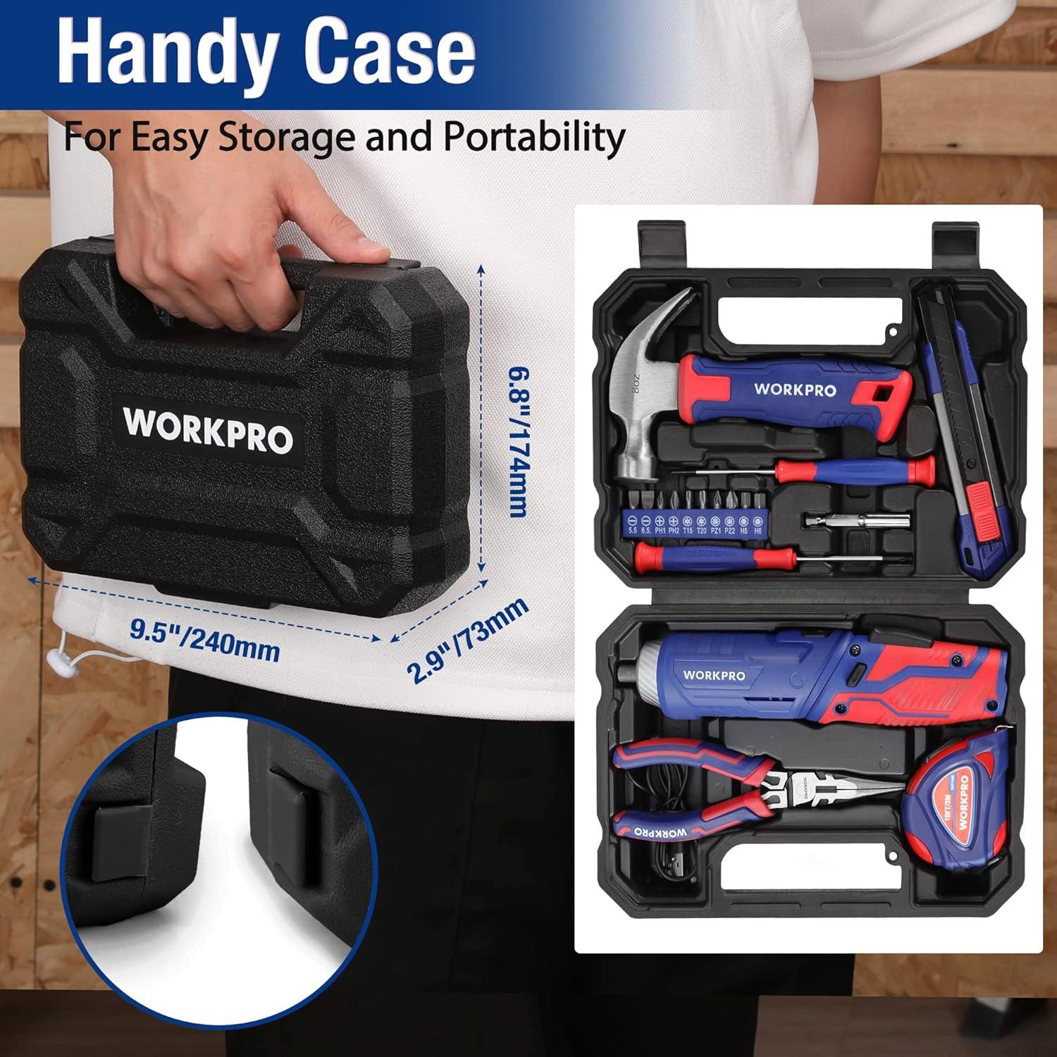 WORKPRO 18tlg. Werkzeugset mit 3,7V Akkuschrauber USB C Werkzeugkoffer Kinder