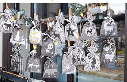 DIY Adventskalender 2024 mit 24 Stoffbeuteln und Kette, Selbstbefüllbar, Rosa Grau, Weihnachtskalender