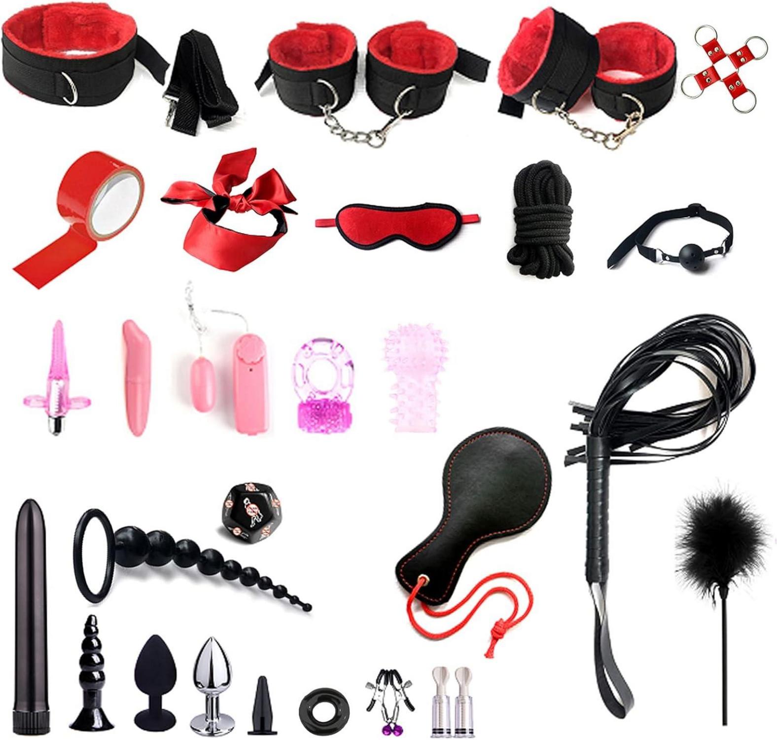 BDSM Fesseln Peitsche Augenmaske Nippelklemmen Analplug 28tlg Bondage