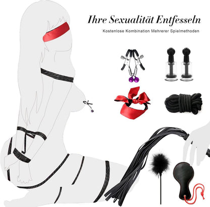 BDSM Sexspielzeug Set 28-teilig Handschellen Peitsche Augenmaske Rot