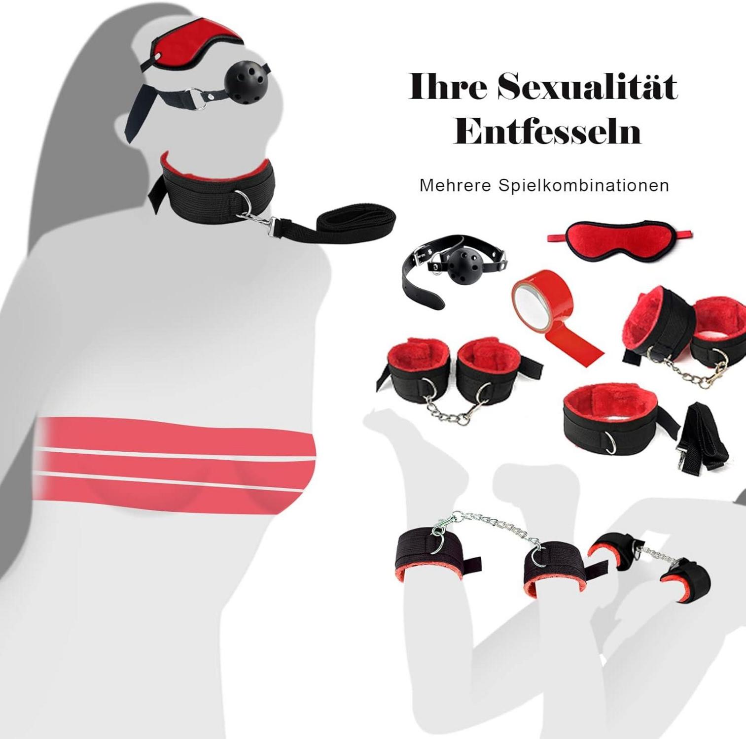 BDSM Fesseln Sex Set 28 Stück Handfesseln Bett Anal Plug Nippelklemmen Peitsche Augenmaske BDSM Sexspielzeug Paare Rot