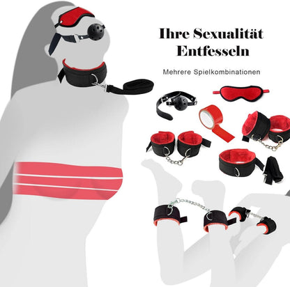 BDSM Fesseln Sex Set 28 Stück Handfesseln Bett Anal Plug Nippelklemmen Peitsche Augenmaske BDSM Sexspielzeug Paare Rot