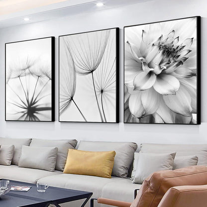 3-teiliges Poster Set Blume Feder Löwenzahn Schwarz Weiß 30x40cm