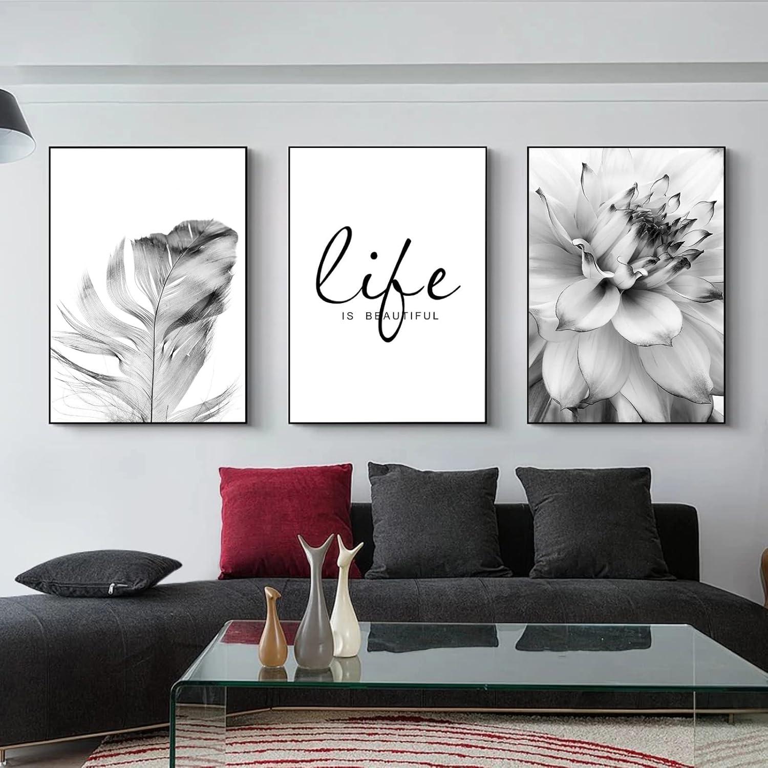 3-teiliges Premium Poster Set Aesthetic Blume Feder Löwenzahn Black