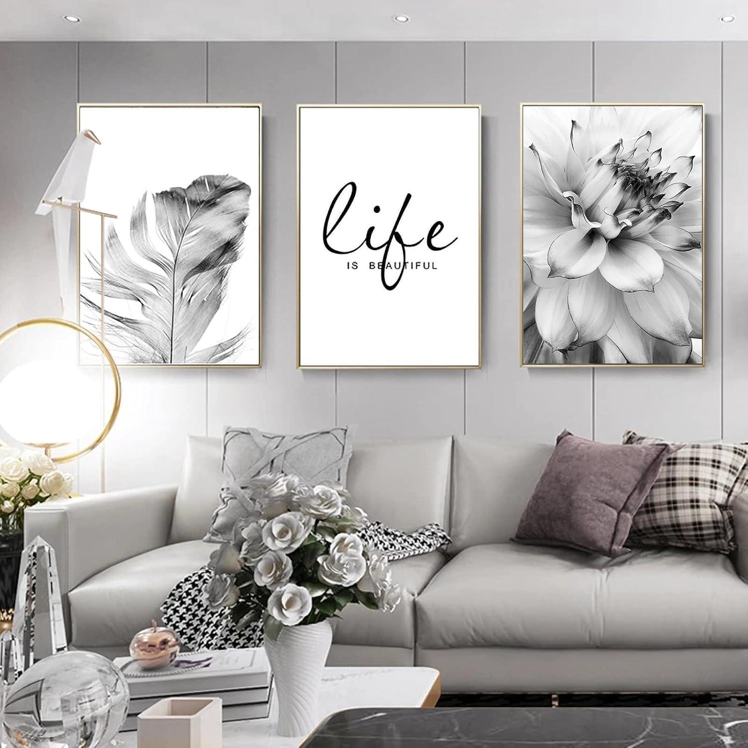 Trayosin 3-teiliges Modernes Schwarz Weiß Poster Set Federn