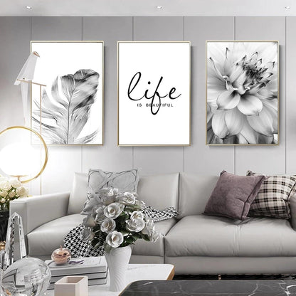 Trayosin 3-teiliges Modernes Schwarz Weiß Poster Set Federn