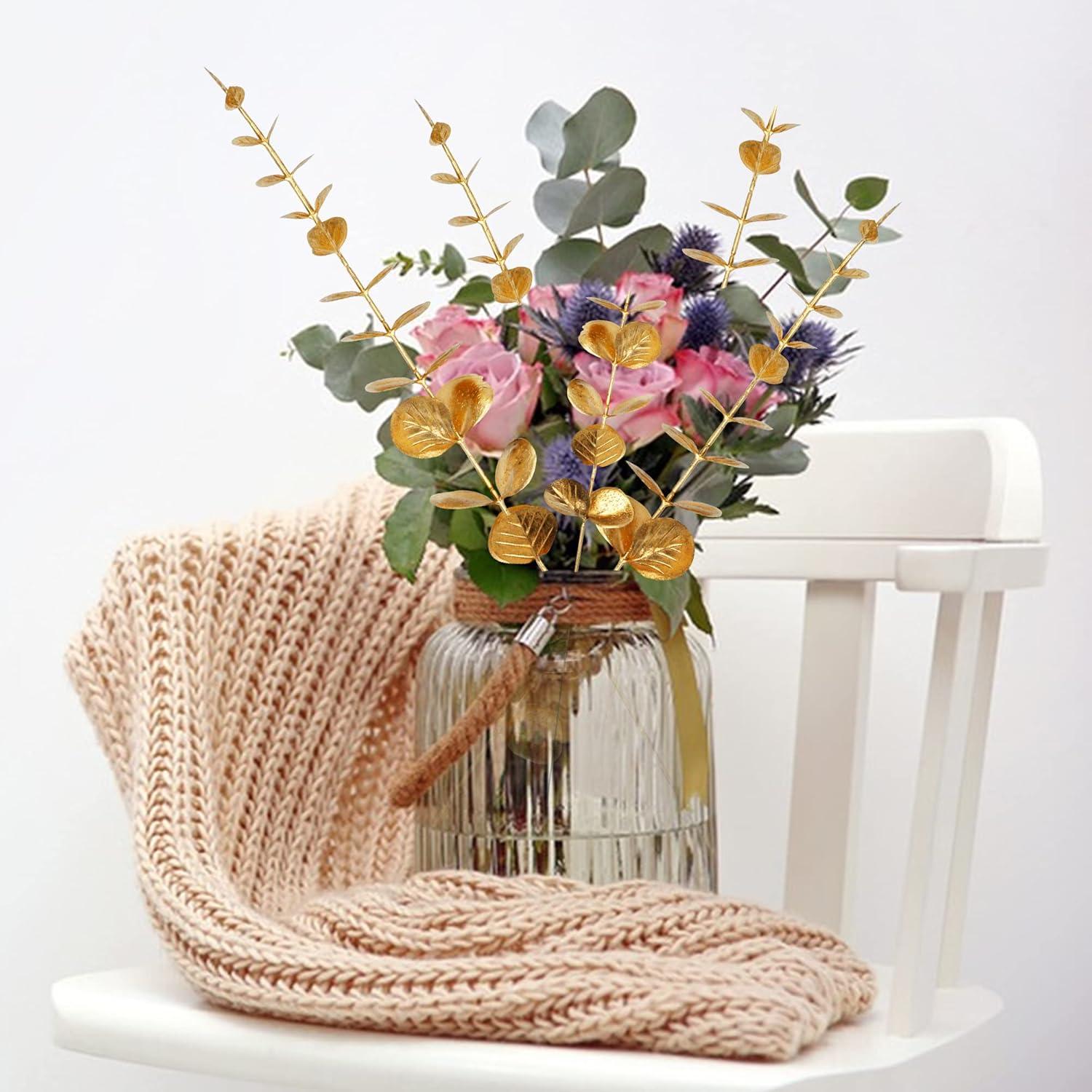 20er Set Gold Künstliche Eukalyptus Zweige Deko Blätter Stiel