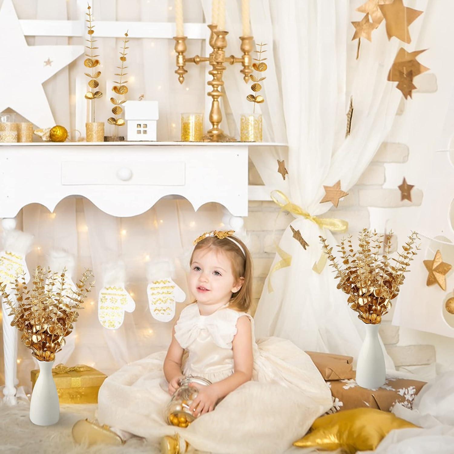 Künstliche Eukalyptus Zweig Gold Blätter Deko 20 Stück - Kunstpflanzen für Tischdeko Party Weihnachtsdeko