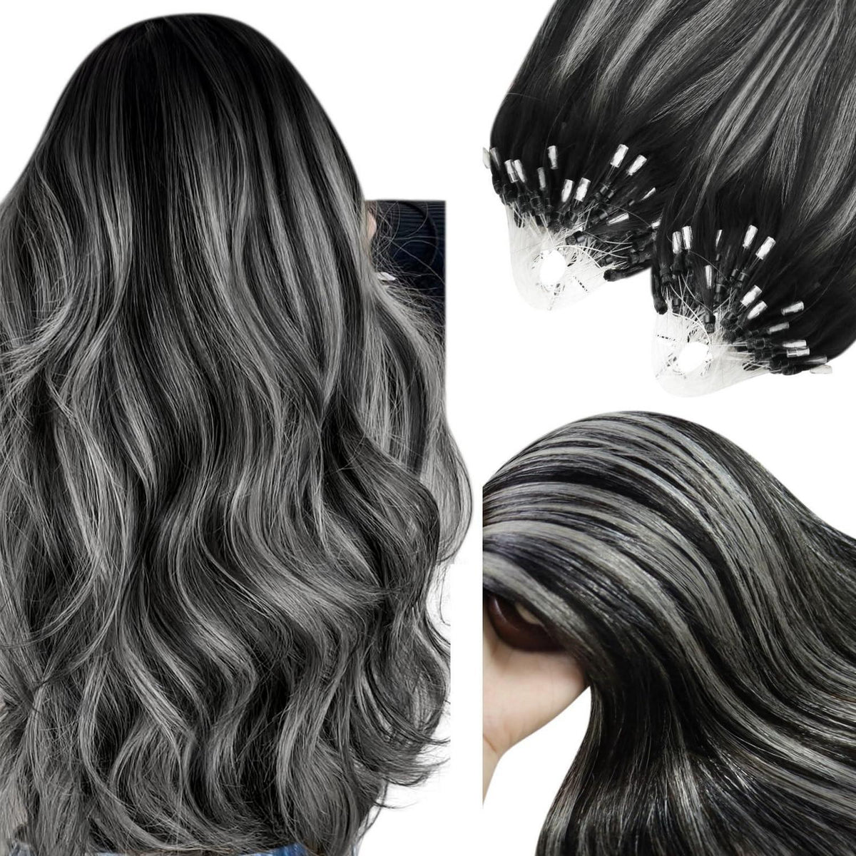 Silberne Echthaar Microring Extensions 35cm - 1B/S/1B