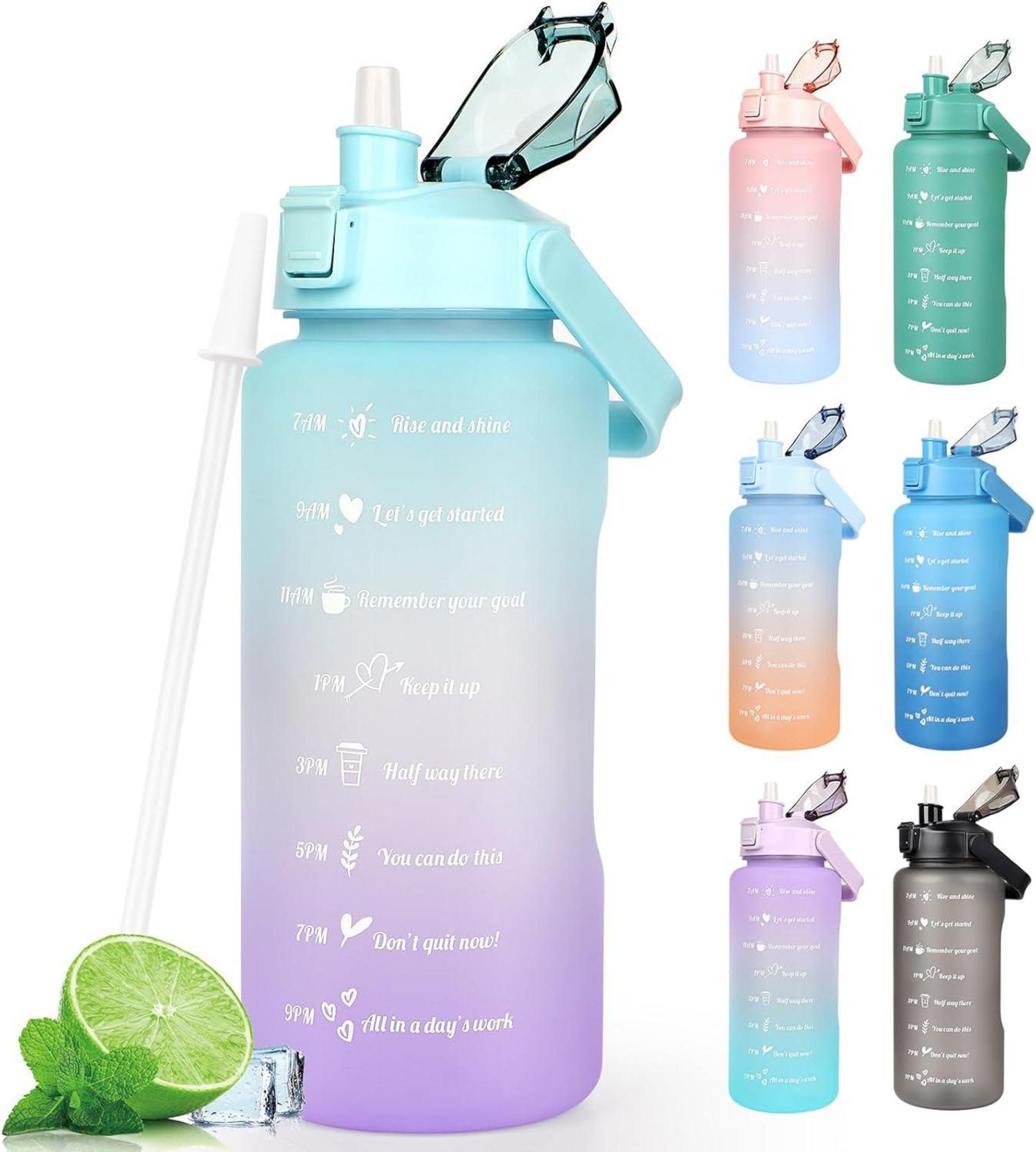 2L Auslaufsichere Trinkflasche mit Zeitmarkierung & Strohhalm