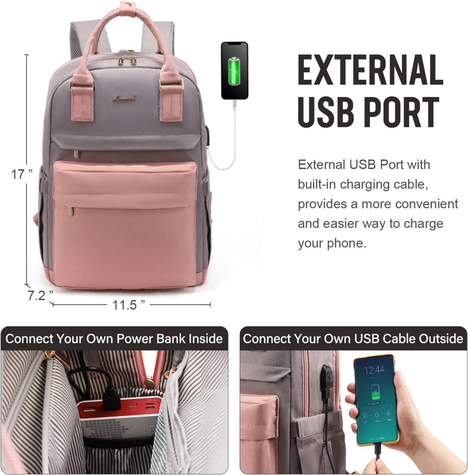 15,6 Zoll Laptop Rucksack Damen, Wasserdichter Schulrucksack, Rosa Grau