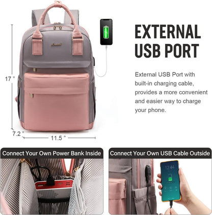 15,6 Zoll Laptop Rucksack Damen, Wasserdichter Schulrucksack, Rosa Grau