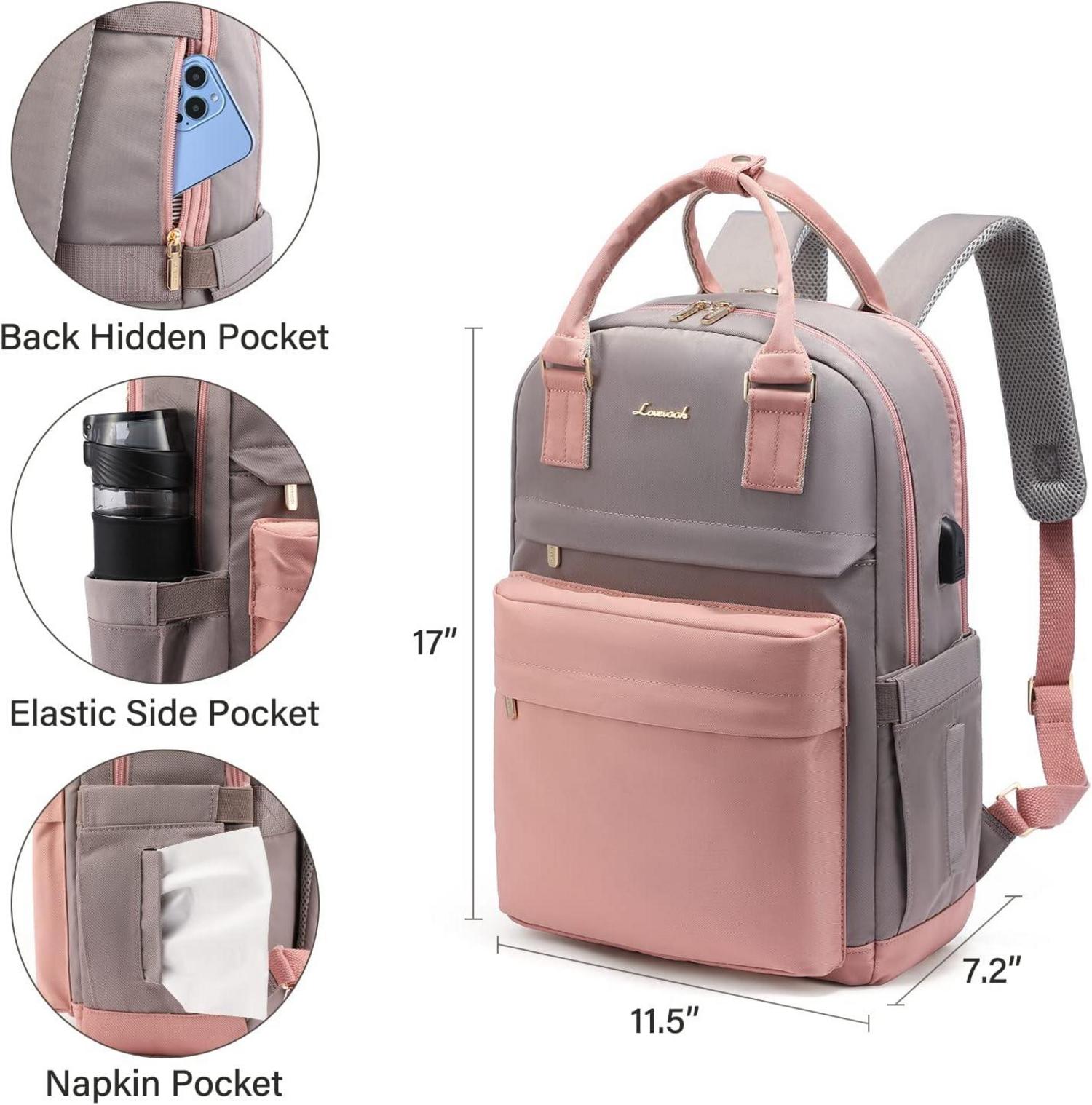 15,6 Zoll Laptop Rucksack Damen, Wasserdichter Schulrucksack, Rosa Grau