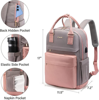 15,6 Zoll Laptop Rucksack Damen, Wasserdichter Schulrucksack, Rosa Grau