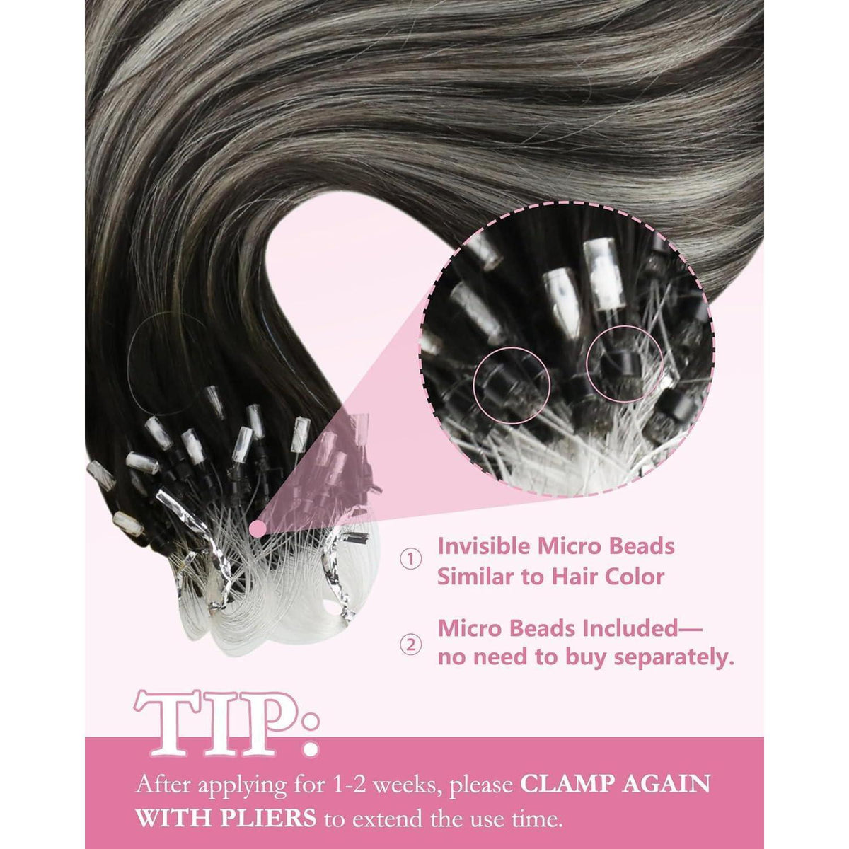 Silber Ombre Microring Haarverlängerung 50cm - 1B/S/1B