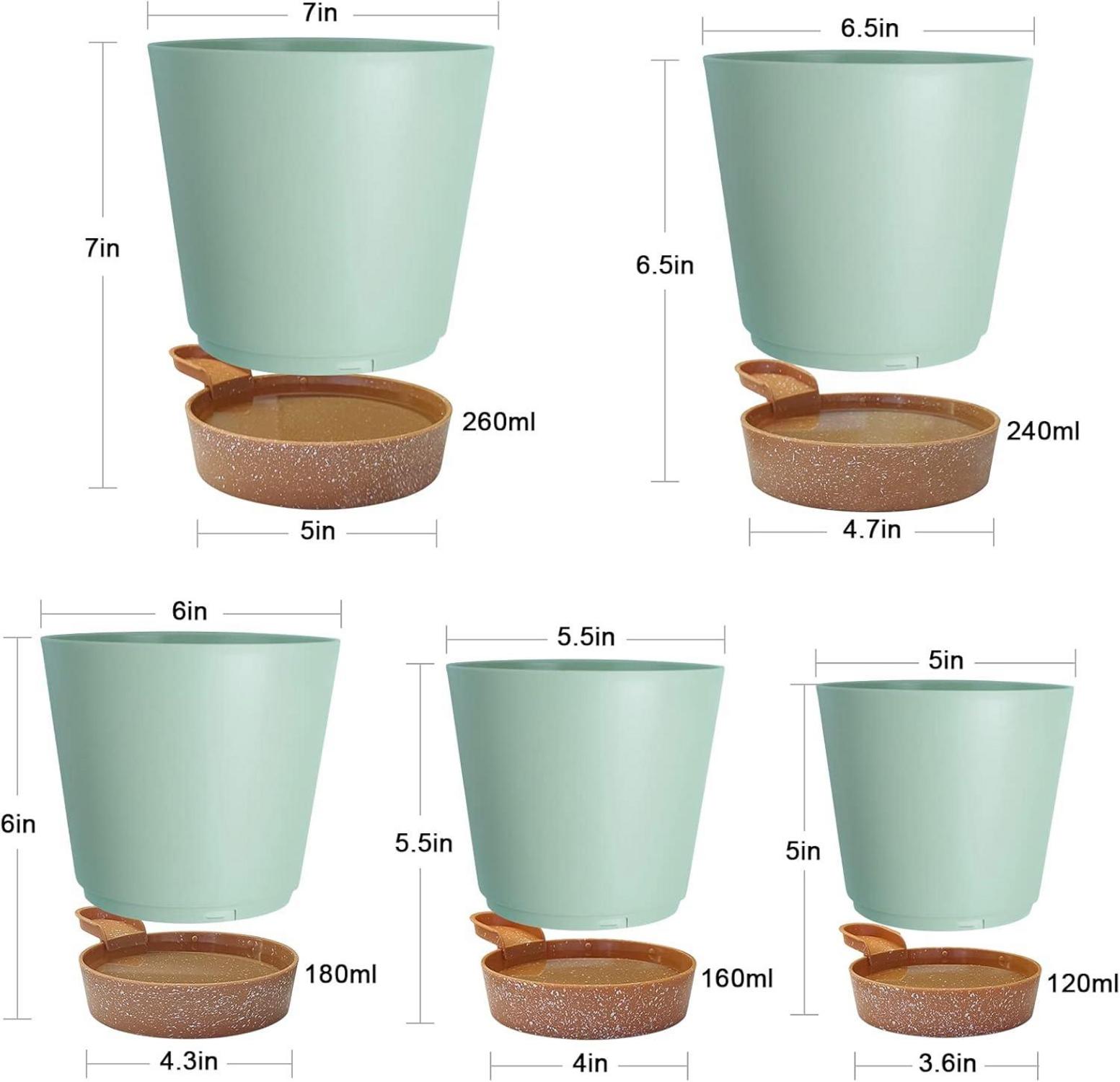 5er Pack Selbstbewässernder Kunststoff Blumentopf Set Rund Grün 17.8-12.7cm