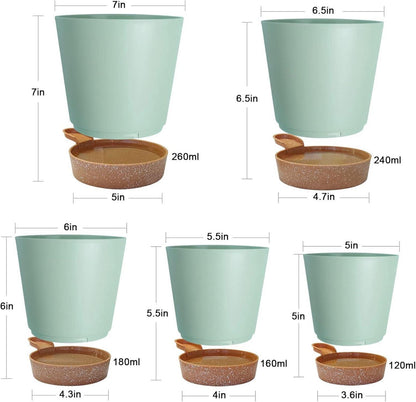 5er Pack Selbstbewässernder Kunststoff Blumentopf Set Rund Grün 17.8-12.7cm
