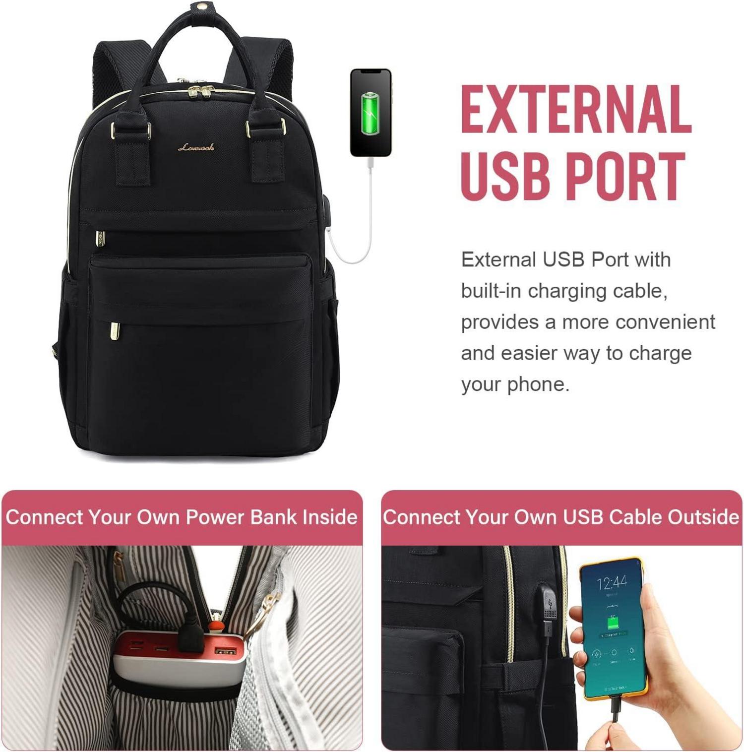 17 Zoll Laptop Rucksack Damen Wasserdicht USB Ladeanschluss Schwarz