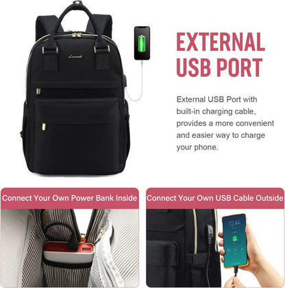 17 Zoll Laptop Rucksack Damen Wasserdicht USB Ladeanschluss Schwarz