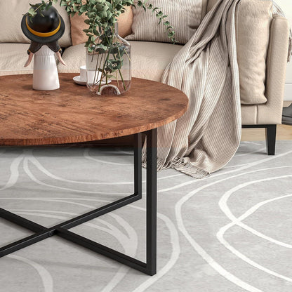 Runder Couchtisch mit Schwarzem Metallgestell und Holzplatte