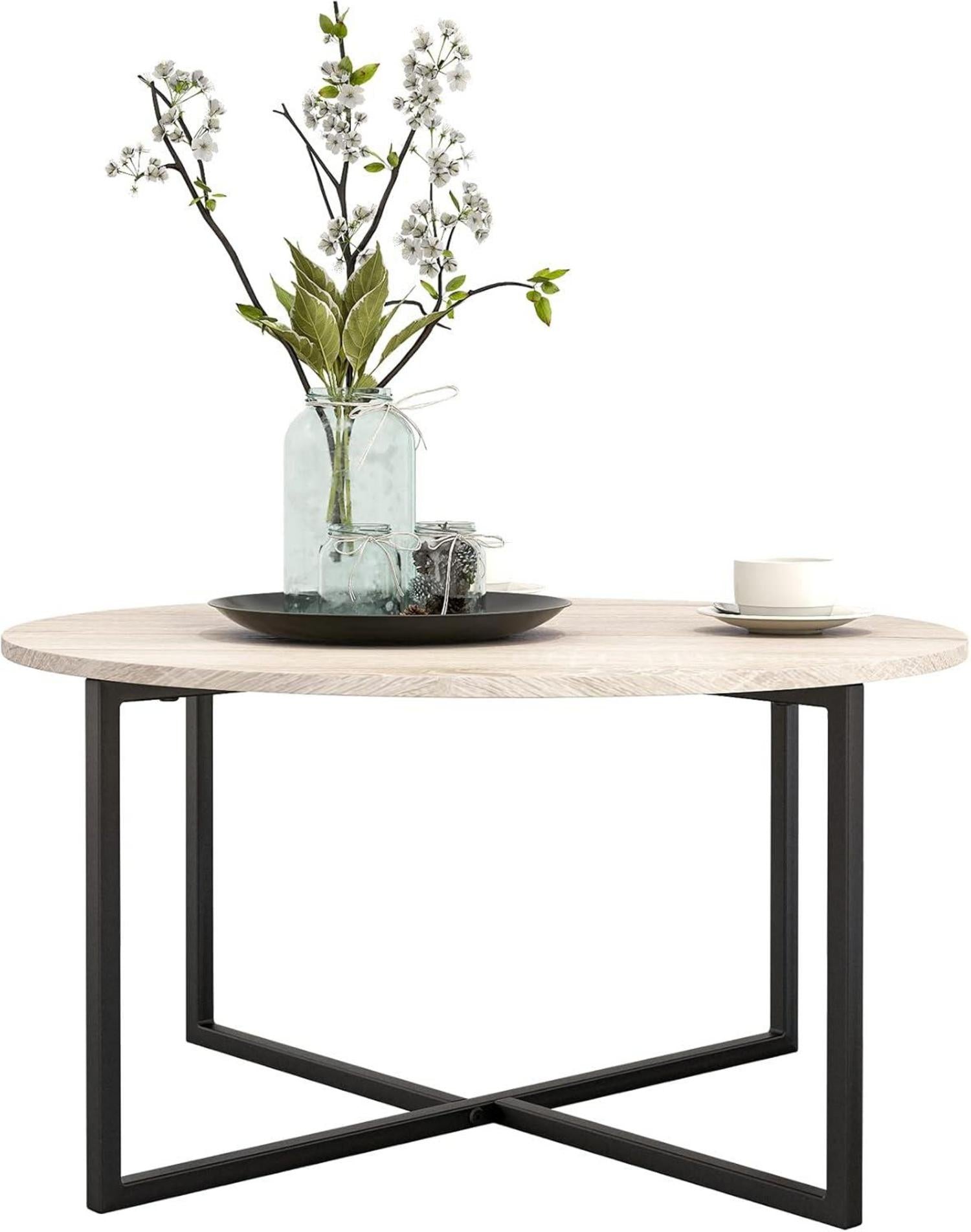 Runder Couchtisch Industriedesign Stahlgestell Schwarz Eiche