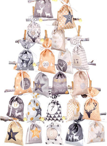 Adventskalender zum Befüllen: Stoffbeutel Kette DIY Gelb Grau 24