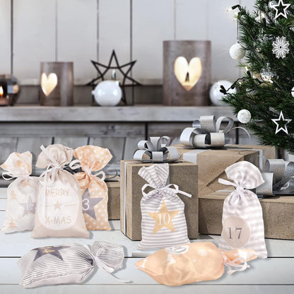 Adventskalender zum Befüllen: Stoffbeutel Kette DIY Gelb Grau 24