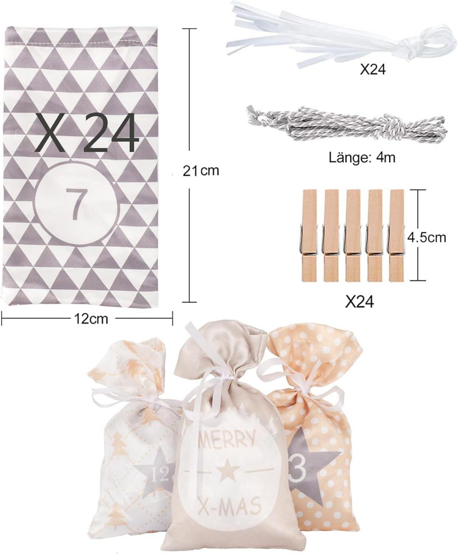 Adventskalender zum Befüllen Groß Gelb Grau 24 Stoffbeutel Kette